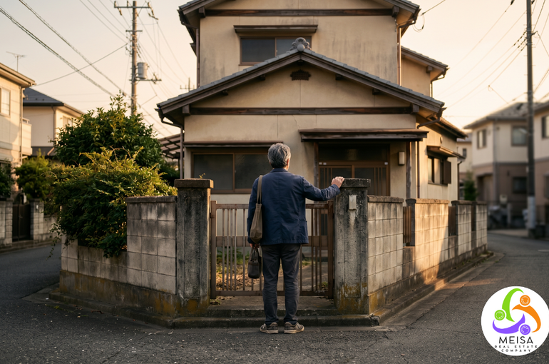 相続した実家の前で立ち止まり家を見上げる売主