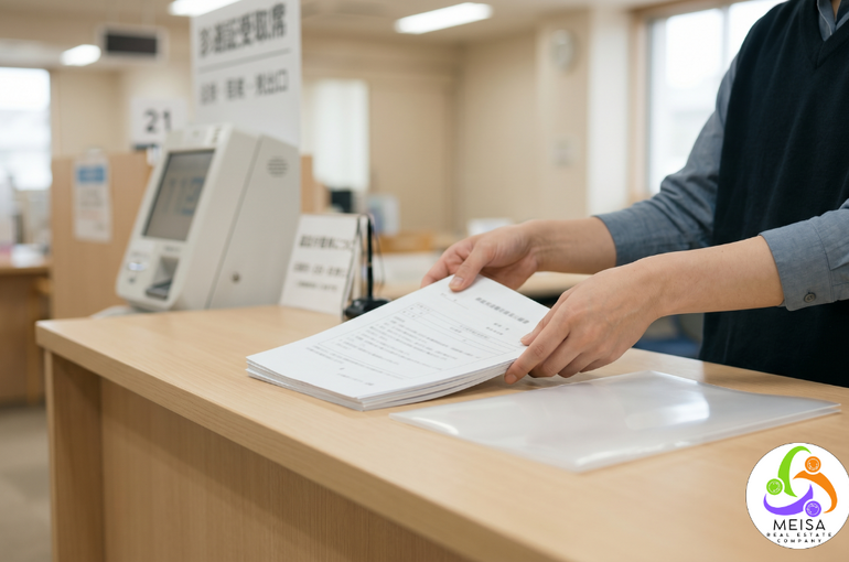 法務局で相続登記の申請書類を提出する手元