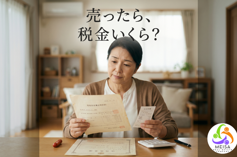 相続した実家の古い売買契約書を前に、売却時の税金を考える場面（流山市の相続不動産売却）