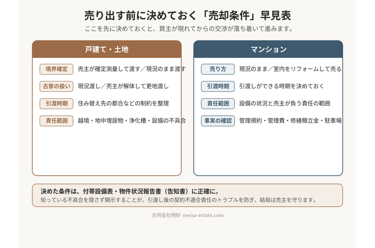 売り出す前に決めておく売却条件の早見表。戸建て・土地は境界確定・古家の扱い・引渡時期・責任範囲、マンションは売り方・引渡時期・責任範囲・管理情報の確認。決めた条件は付帯設備表・物件状況報告書（告知書）に正確に。
