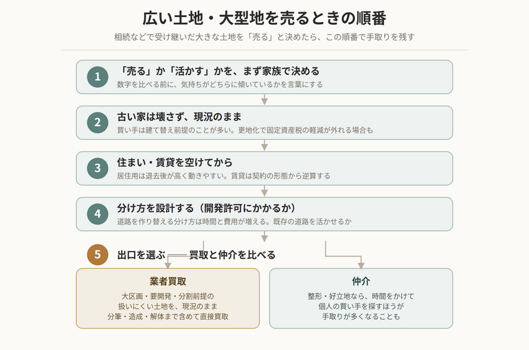 広い土地・大型地を売るときの順番。①売るか活かすかを決める②古い家は壊さず現況のまま③住まい・賃貸を空ける④分け方を設計⑤出口＝業者買取と仲介を比べる、を示した図解