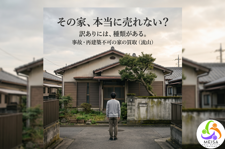 事故・再建築不可など訳ありとされる流山市の古家と、その前に立ち手放し方を考える売主の後ろ姿