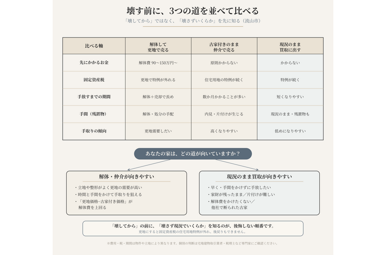 解体して更地で売る・古家付きのまま仲介・現況のまま買取の3つの道を、先にかかるお金・固定資産税・期間・手間・手取りで並べた比較表と、解体仲介が向く人・現況買取が向く人を示した分岐図