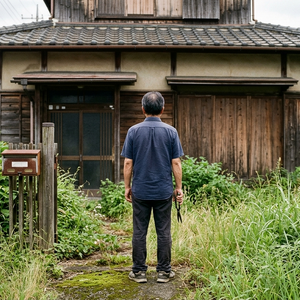 流山市の実家の空き家で、伸びた庭の草を前に手放し方を考える売主の後ろ姿