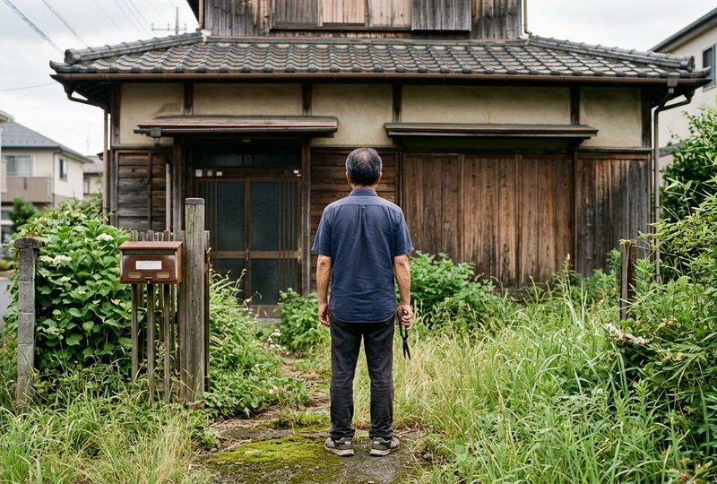 流山市の実家の空き家で、伸びた庭の草を前に手放し方を考える売主の後ろ姿