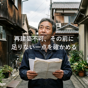 流山市の路地の奥にある古家の土地で、再建築不可と言われた図面を手に顔を上げる売主