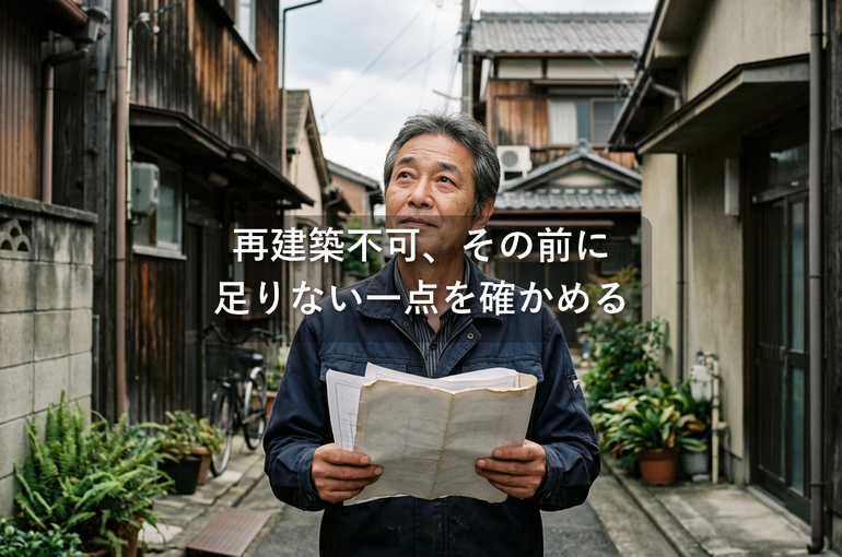流山市の路地の奥にある古家の土地で、再建築不可と言われた図面を手に顔を上げる売主