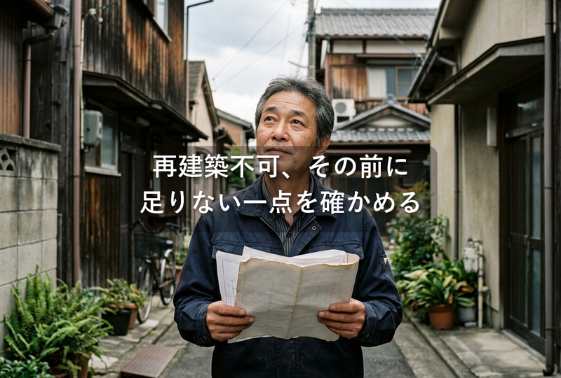流山市の路地の奥にある古家の土地で、再建築不可と言われた図面を手に顔を上げる売主