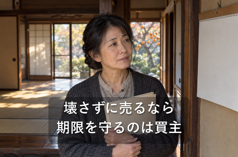 相続した流山市の実家の玄関先で、書類を胸に抱えて壁の暦を見つめる相続人
