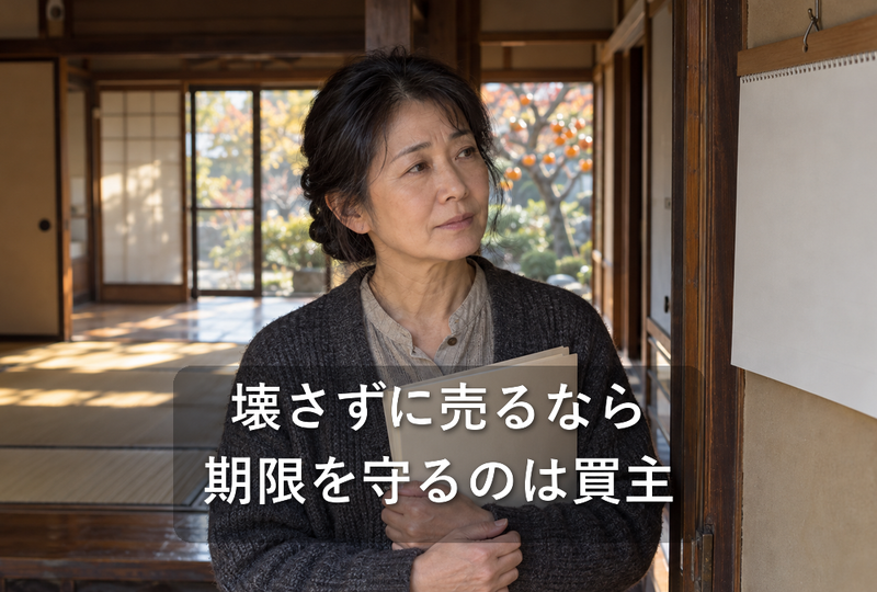 相続した流山市の実家の玄関先で、書類を胸に抱えて壁の暦を見つめる相続人