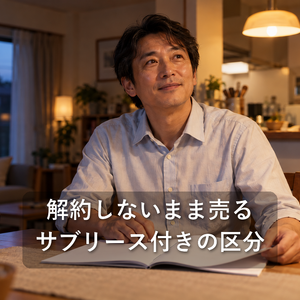 自宅の食卓で、サブリースの契約書から顔を上げる区分マンションのオーナー
