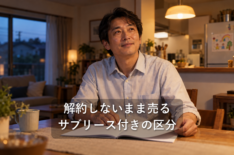 自宅の食卓で、サブリースの契約書から顔を上げる区分マンションのオーナー