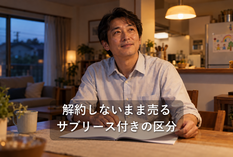 自宅の食卓で、サブリースの契約書から顔を上げる区分マンションのオーナー