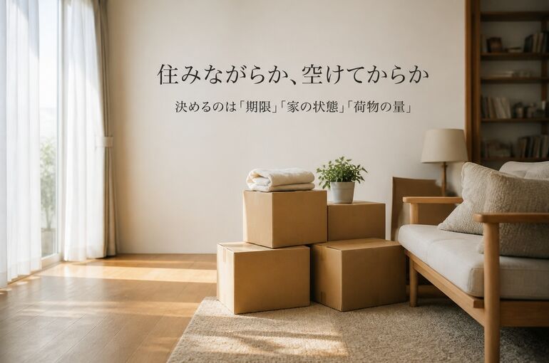 引越しの段ボールが積まれた、朝の光が入るリビング