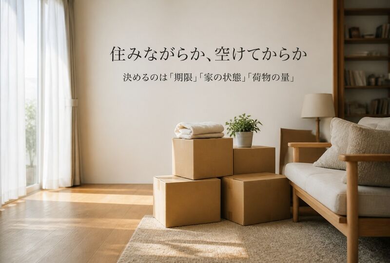 引越しの段ボールが積まれた、朝の光が入るリビング