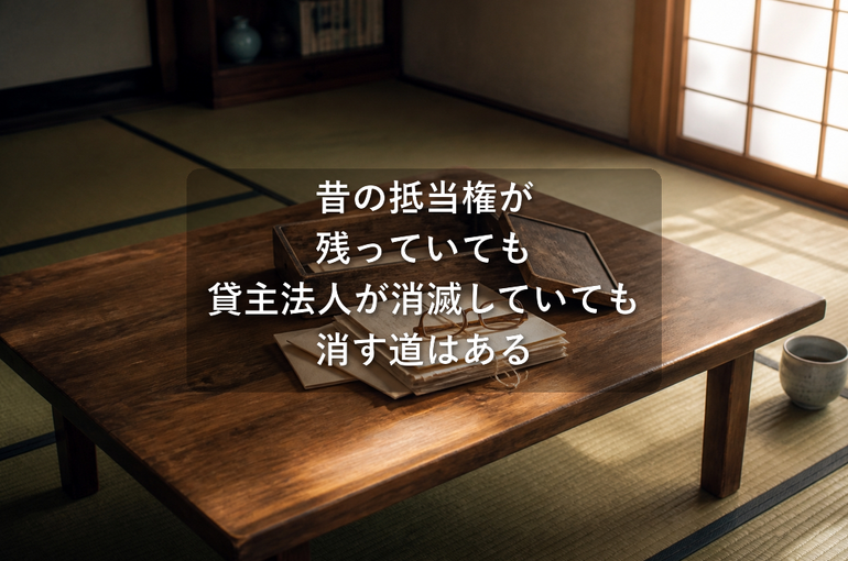 和室の座卓に置かれた、古い書類箱と封筒