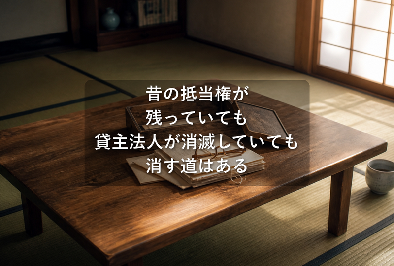 和室の座卓に置かれた、古い書類箱と封筒