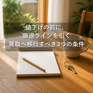 夕方のダイニングテーブルに置かれた、白紙のメモ帳と鉛筆と家の鍵