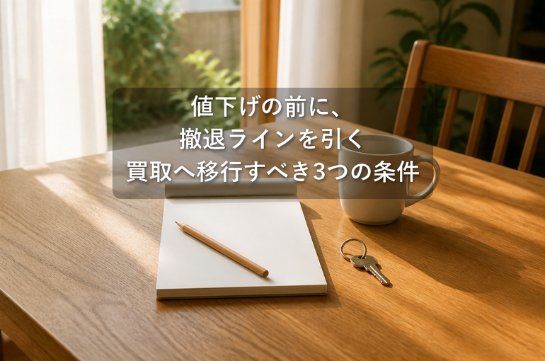 夕方のダイニングテーブルに置かれた、白紙のメモ帳と鉛筆と家の鍵
