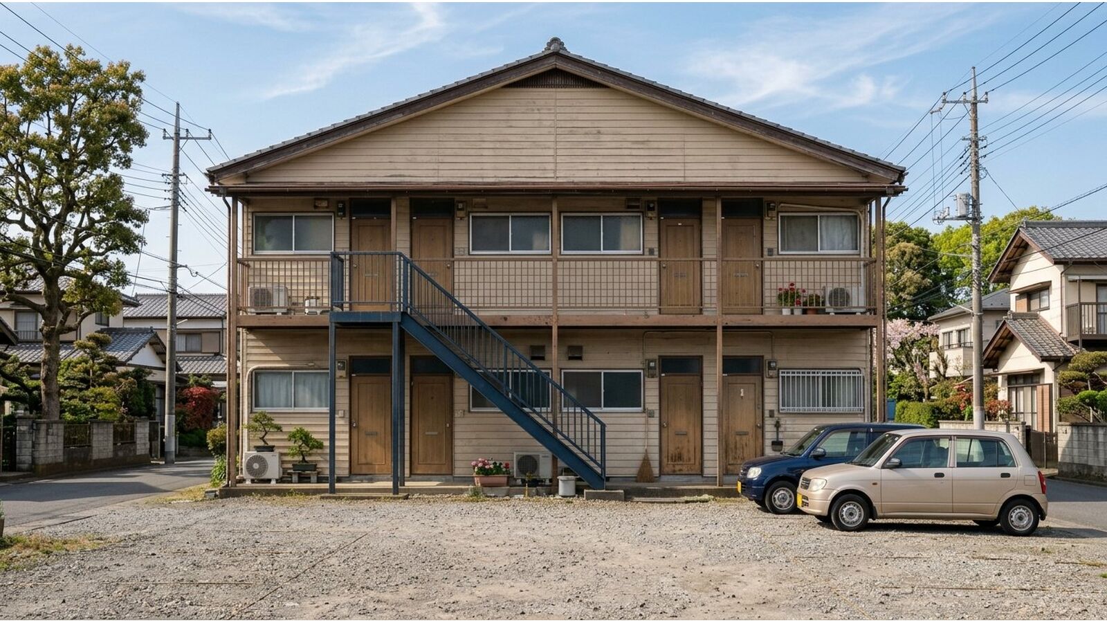 住宅街に建つ木造2階建てのアパート（イメージ）