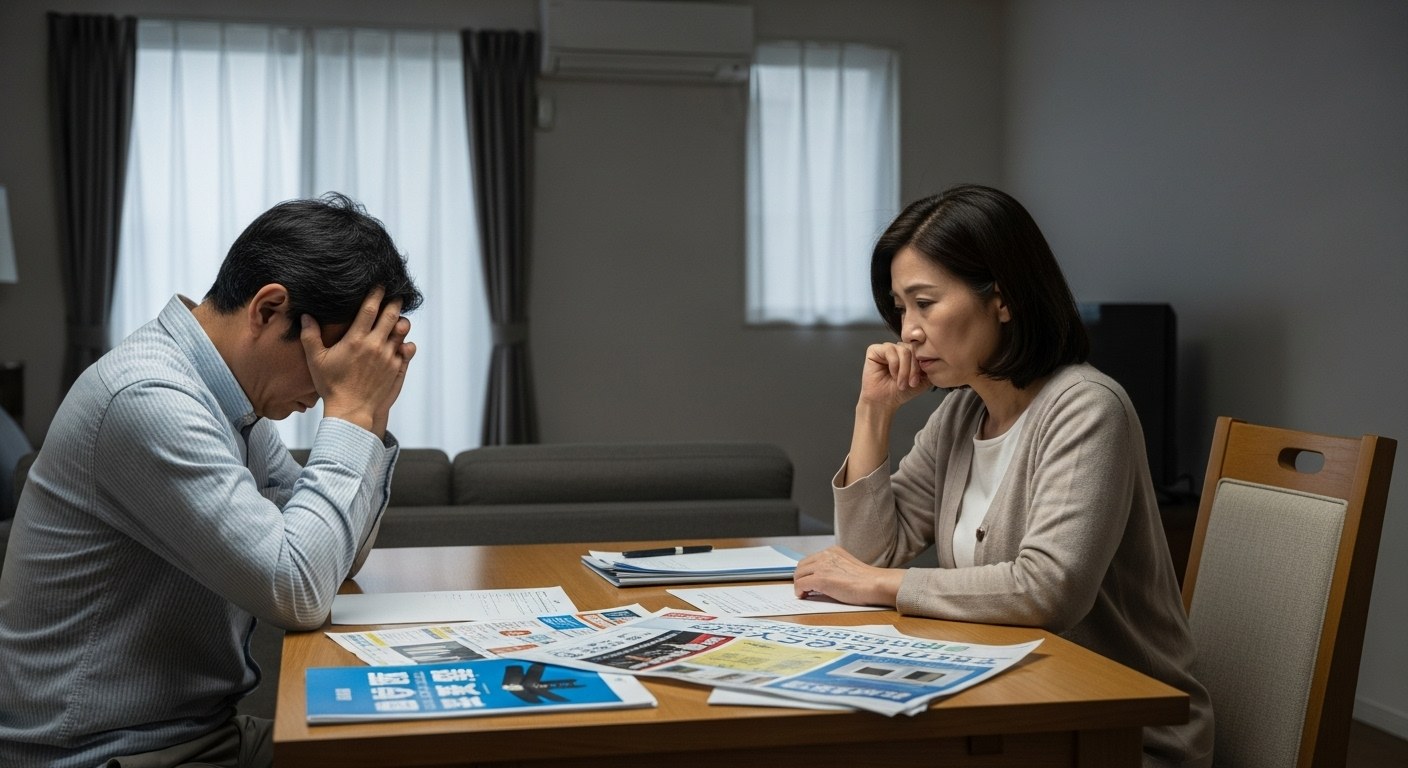 売れ残りが続き、査定書や広告を前に頭を抱える売主の夫婦