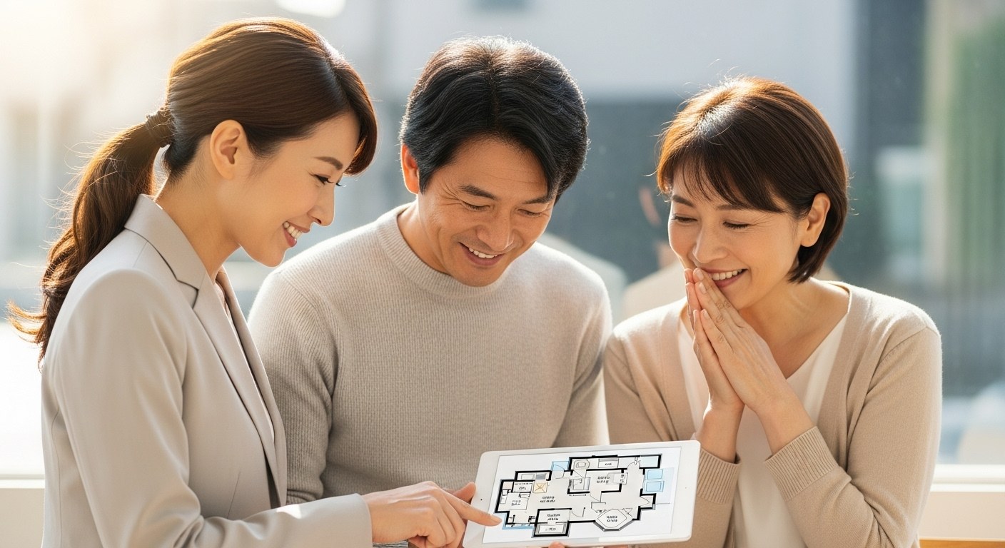 担当者と一緒にタブレットの間取り図を確かめ、笑顔を見せる売主の夫婦