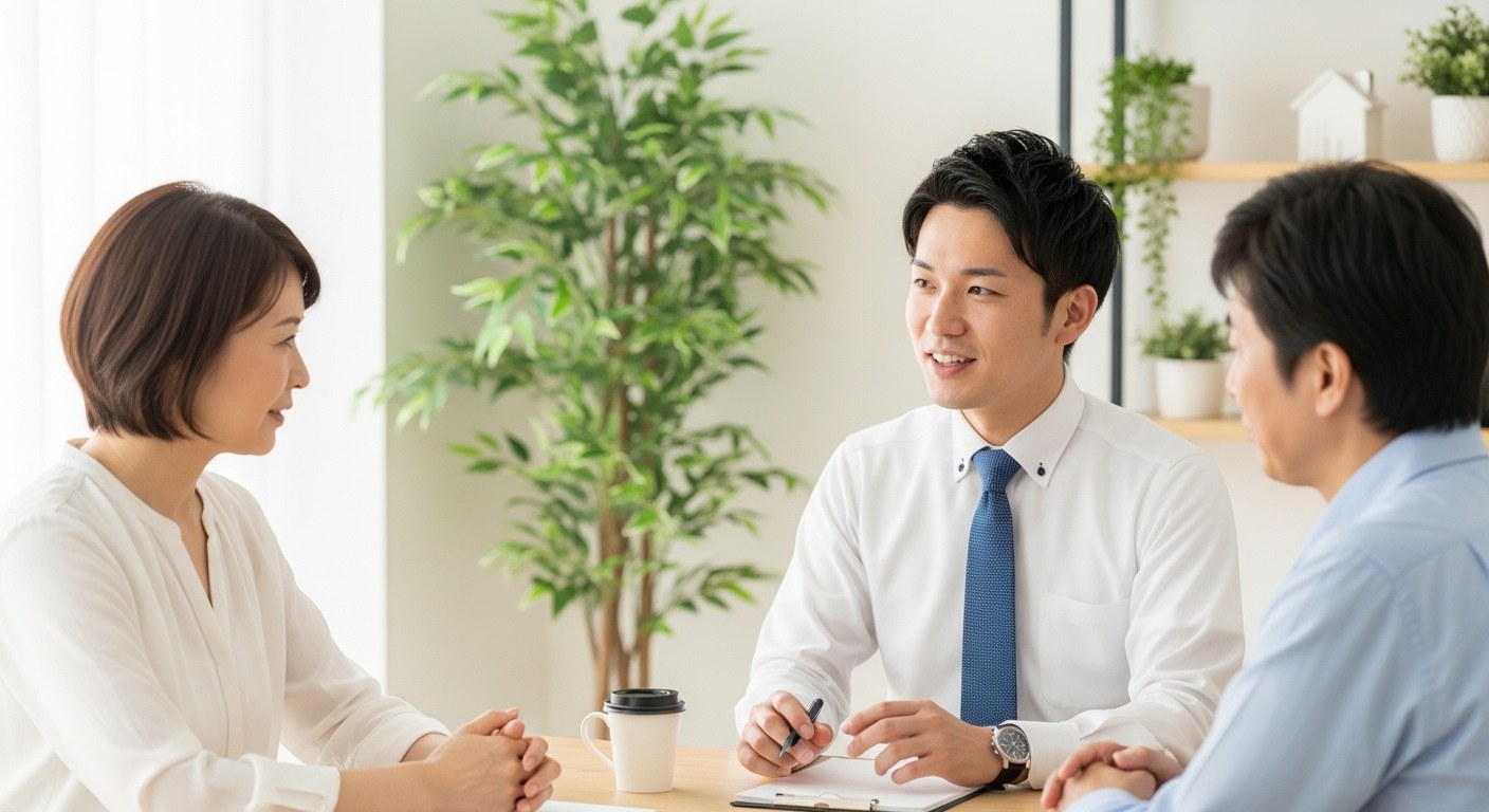売主の夫婦の話に耳を傾けながらメモを取る不動産会社の担当者